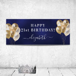 Birthday navy blue gold balloons name script poster<br><div class="desc">For a girly and glamourous 21st (or any age) birthday party. A navy blue background. The blue colour is uneven. Decorated with golden balloons. Personalise and add a name and age 21. White letters. The name is written with a modern hand lettered style script with swashes. To keep the swashes...</div>