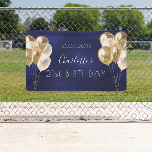 Birthday navy blue gold balloons party  banner (Insitu)