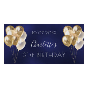 Birthday navy blue gold balloons party poster