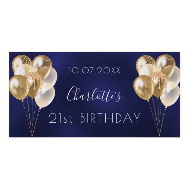 Birthday navy blue gold balloons party poster (Front)