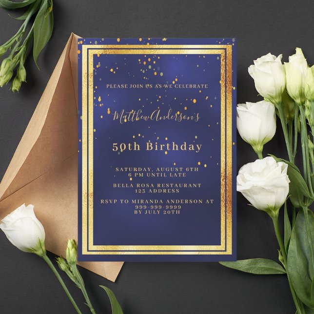 Birthday navy blue gold confetti invitation (Creator Uploaded)