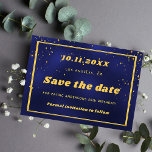 Birthday navy blue gold confetti save the date<br><div class="desc">A Save the Date for a 50th (or any age) birthday party. A navy blue coloured background. Decorated with a golden frame and confetti.  For both him and her. Yellow letters.</div>