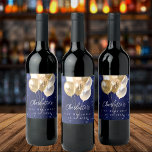 Birthday navy blue gold glitter balloons wine label<br><div class="desc">A navy blue background with elegant faux sparkles and golden balloons. The blue colour is uneven.  Personalise and add a name and age.  White letters.</div>