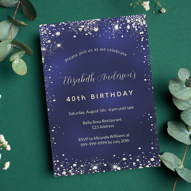 Birthday navy blue gold glitter glamorous invitation postcard (Creator Uploaded)