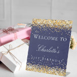 Birthday navy blue gold glitter welcome  pedestal sign<br><div class="desc">A welcome sign for a girly and glamourous 21st (or any age) birthday party.  A navy blue background decorated with faux gold glitter,  sparkles.   Personalise and add a name and age 21.  White letters.</div>