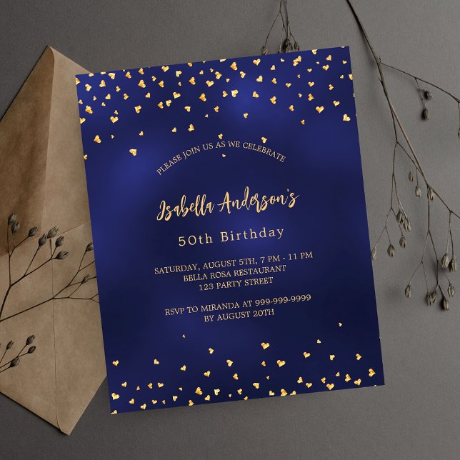 Birthday navy blue gold hearts budget invitation flyer (Creator Uploaded)