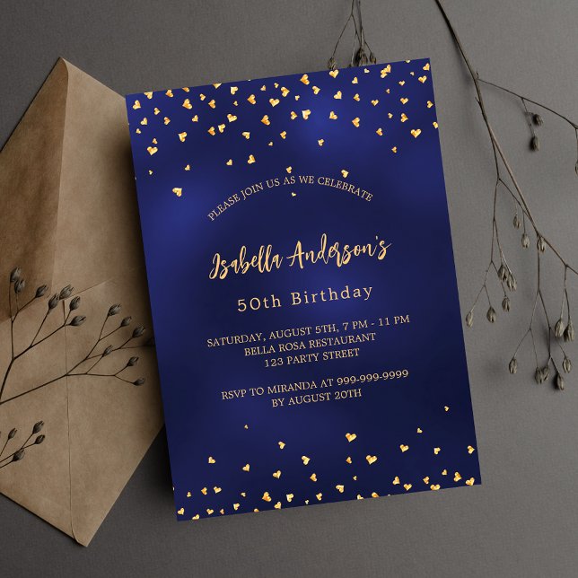 Birthday navy blue gold hearts elegant script invitation postcard (Creator Uploaded)