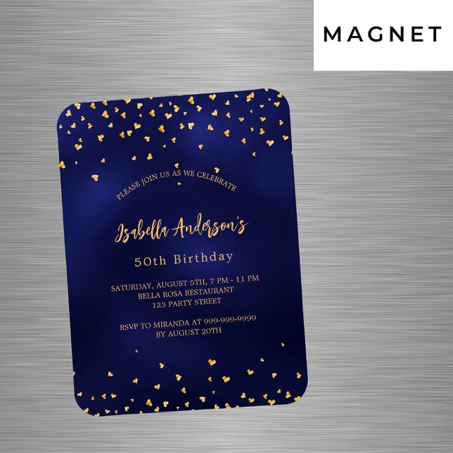Birthday navy blue gold hearts script luxury magnet (Creator Uploaded)