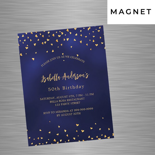 Birthday navy blue gold hearts script luxury magnetic invitation (Creator Uploaded)