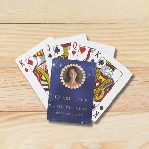 Birthday navy blue gold photo diamonds playing cards