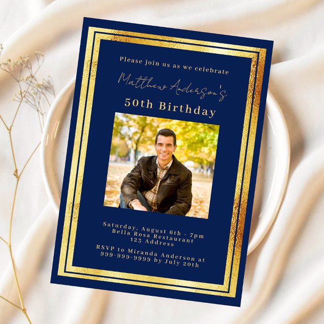 Birthday navy blue gold photo luxury invitation (Creator Uploaded)