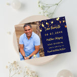 Birthday navy blue gold photo save the date<br><div class="desc">Add a vertical size photo. A navy blue background colour,  decorated with faux gold stars. Personalise and add a name and the details.</div>
