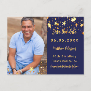 Birthday navy blue gold photo save the date announcement postcard