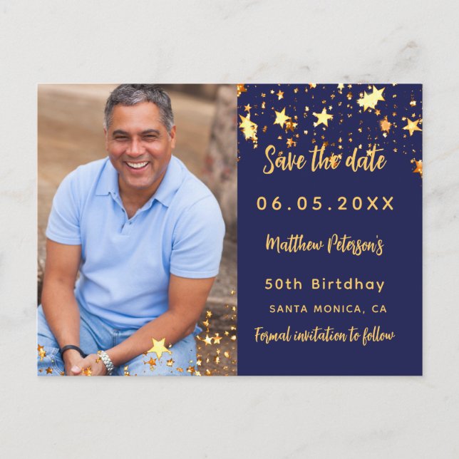 Birthday navy blue gold photo save the date announcement postcard (Front)