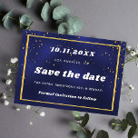 Birthday navy blue gold save the date<br><div class="desc">A Save the Date for a 50th (or any age) birthday party. A navy blue coloured background. Decorated with a golden frame and confetti.  For both him and her.</div>