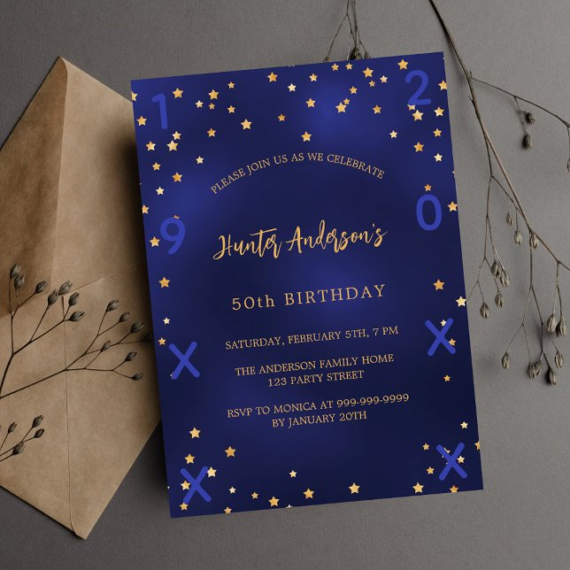 Birthday navy blue gold stars birth year luxury invitation (Creator Uploaded)