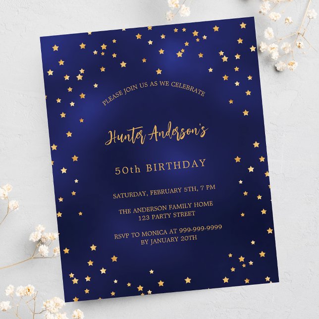 Birthday navy blue gold stars budget invitation (Creator Uploaded)