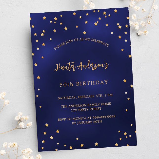 Birthday navy blue gold stars party invitation (Creator Uploaded)