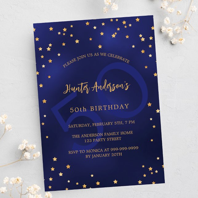 Birthday navy blue gold stars party number luxury invitation (Creator Uploaded)