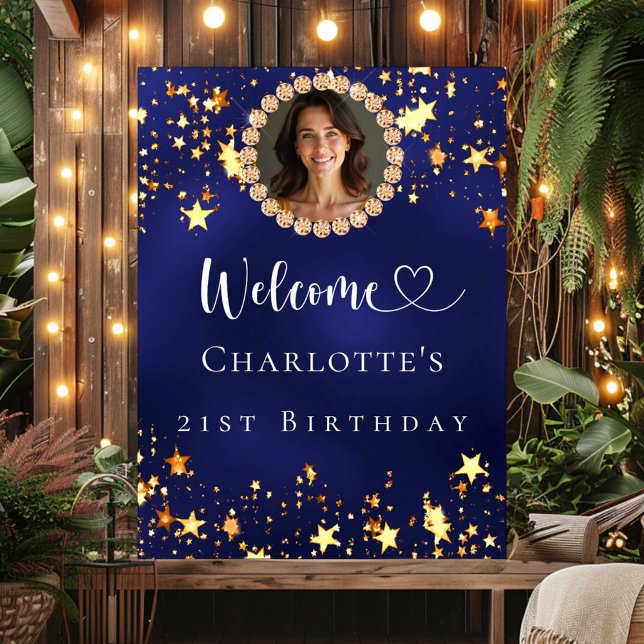 Birthday navy blue gold stars photo welcome poster (Creator Uploaded)