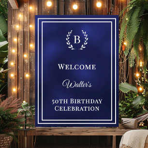 Birthday navy blue monogrammed elegant welcome poster