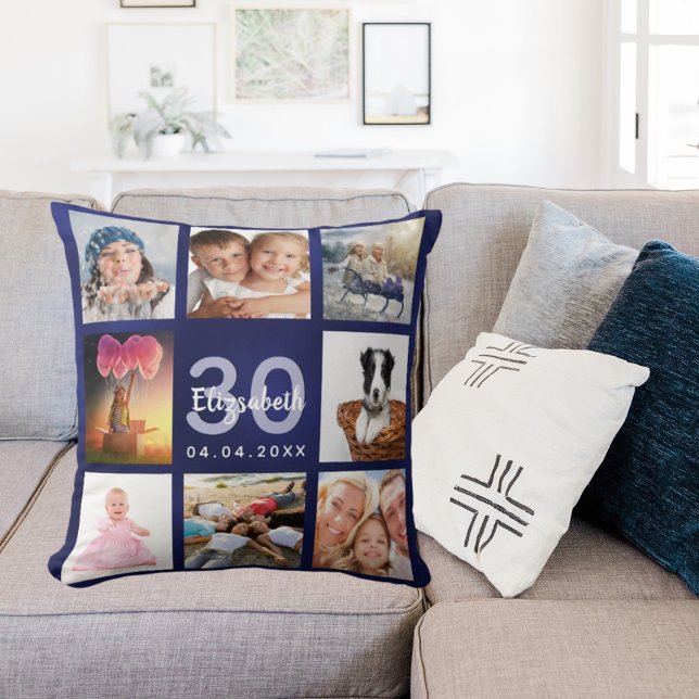 Birthday navy blue photo collage cushion (Creator Uploaded)