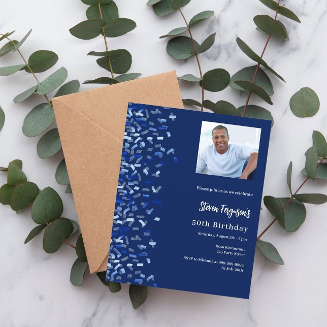 Birthday navy blue photo confetti invitation (Creator Uploaded)