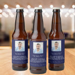 Birthday navy blue photo fun facts bio guys man beer bottle label<br><div class="desc">For a birthday party for a guy,  man.  Personalise and add your own photo of the jubilant.  Add your text,  fun facts,  biography about the birthday guy,  and add your names. A classic navy blue background and white text.</div>