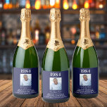 Birthday navy blue photo fun facts bio year birth sparkling wine label<br><div class="desc">For a birthday party for a guy,  man.  Personalise and add your own photo of the jubilant.  Add year of birth,  your text,  fun facts,  biography about the birthday guy. A classic navy blue background and white text.</div>