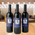 Birthday navy blue photo fun facts bio year birth wine label<br><div class="desc">For a birthday party for a guy,  man.  Personalise and add your own photo of the jubilant.  Add year of birth,  your text,  fun facts,  biography about the birthday guy. A classic navy blue background and white text.</div>