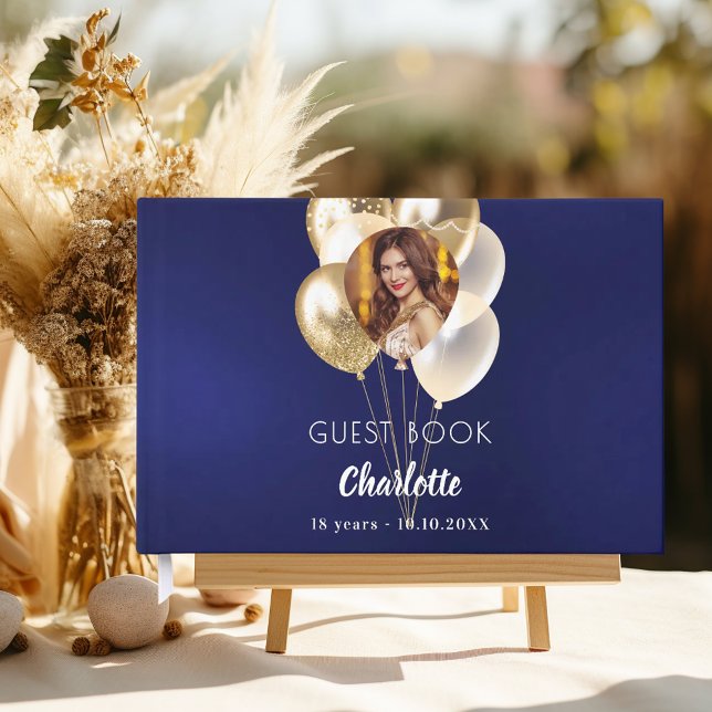 Birthday navy blue photo gold balloons guest book (Creator Uploaded)
