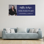 Birthday navy blue photo man myth legend banner<br><div class="desc">A banner for a 40th (or any age) birthday party for guys. A classic navy blue background. Personalise and add your own photo of the birthday boy/man. The text: The name in white with a modern hand lettered style script. Personalise and add a name, age 40 and a text. Text:...</div>