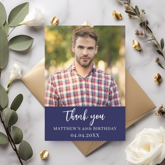 Birthday navy blue photo simple script thank you card (Creator Uploaded)