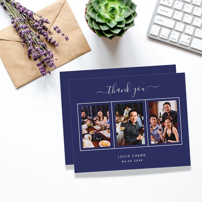 Birthday navy blue photo thank you card (Creator Uploaded)