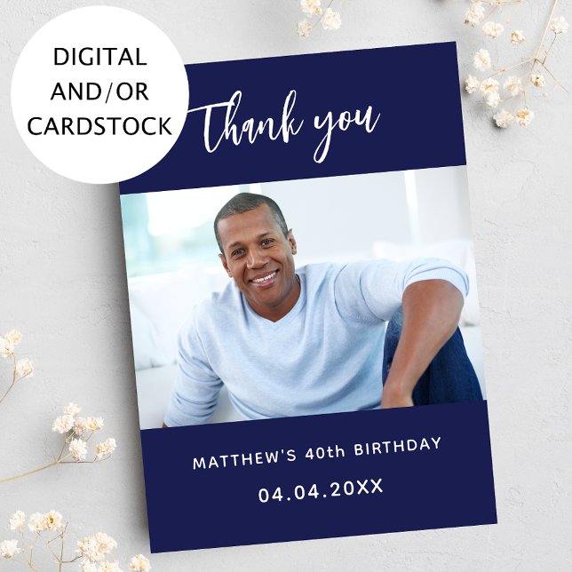 Birthday navy blue photo thank you card (Creator Uploaded)