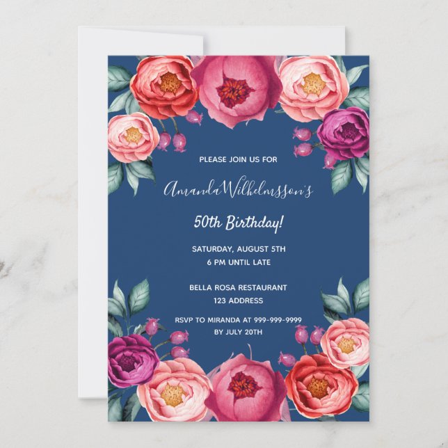 Birthday navy blue rose gold blush pink floral invitation (Front)