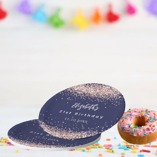 Birthday navy blue rose gold confetti paper plate