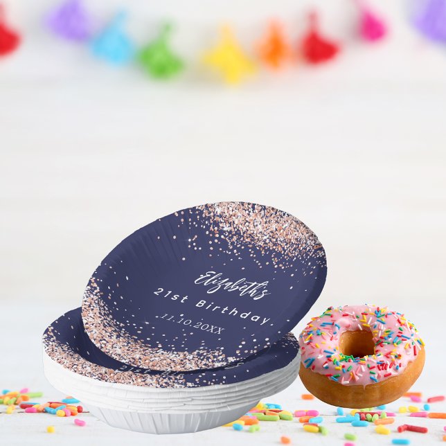 Birthday navy blue rose gold confetti paper plate (Creator Uploaded)