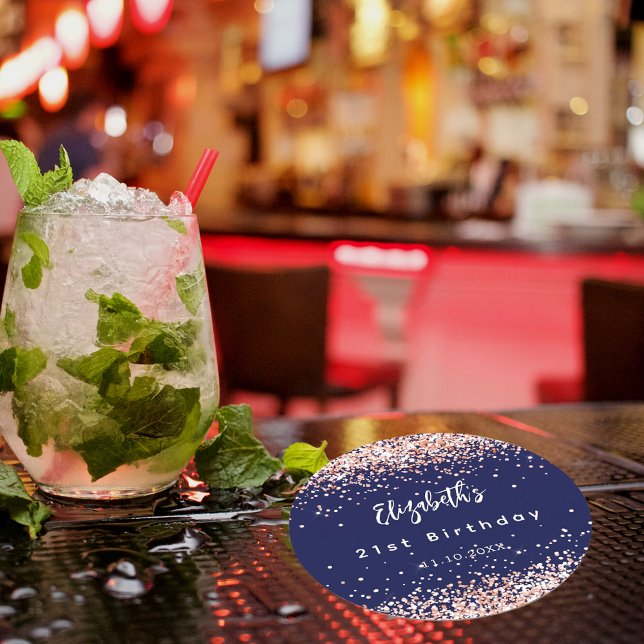 Birthday navy blue rose gold confetti round paper coaster (Creator Uploaded)