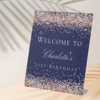 Birthday navy blue rose gold glitter welcome