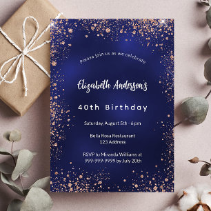Birthday navy blue rose gold sparkles glamourous invitation postcard