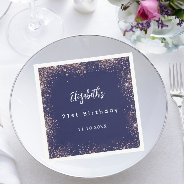Birthday navy blue rose gold sparkles napkin (Creator Uploaded)