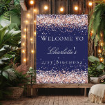 Birthday navy blue rose gold welcome  poster<br><div class="desc">A welcome poster for a girly and glamorous 21st (or any age) birthday party.  A navy blue background decorated with rose gold confetti.   Personalize and add a name and age 21.  White letters.</div>