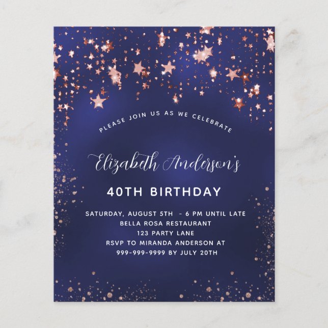 Birthday navy blue rose stars budget invitation (Front)