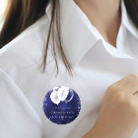 Birthday navy blue silver glitter balloon name tag 6 cm round badge<br><div class="desc">For a 18th (or any age) birthday. Navy blue backround,  the blue colour is uneven. Decorated with faux silver glitter,  sparkles and white balloons.  Personalise and add a name.  White letters. Can be used as a name tag/party favour or as a Save the Date reminder for your guests.</div>