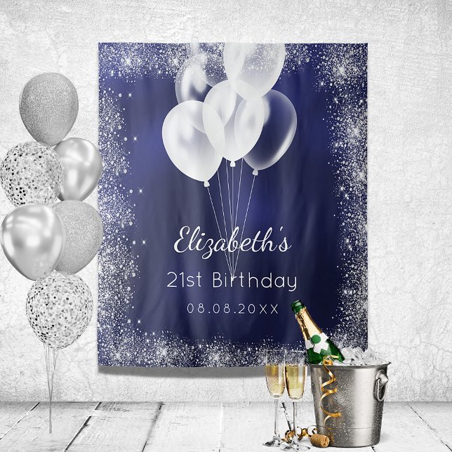 Birthday navy blue silver glitter balloons name tapestry (Creator Uploaded)