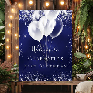 Birthday navy blue silver glitter balloons welcome poster