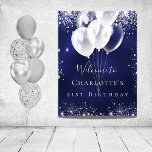 Birthday navy blue silver glitter balloons welcome poster<br><div class="desc">A welcome poster for a girly and glamourous 21st (or any age) birthday party.  A navy blue background with elegant faux silver dust and white balloons. The blue colour is uneven.  Personalise and add a name and age 21.  White letters. 
Back: no design</div>