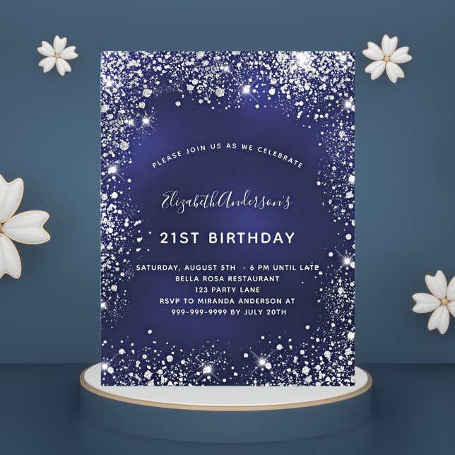 Birthday navy blue silver glitter dust glam invitation postcard (Creator Uploaded)