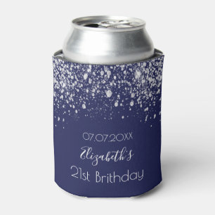 Birthday navy blue silver glitter dust monogram can cooler